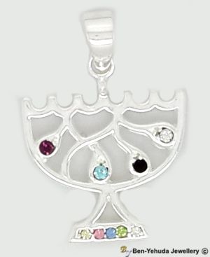 Menorah with Multicolord Crystals Sterling Silver Pendant