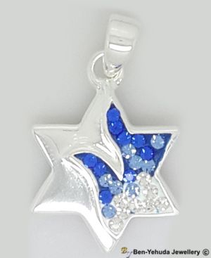 Star of David Plate with Dove in Blue Crystals Sterling Silver Pendant