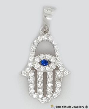 Bold Hamsa with Crystals and Blue Eye Sterling Silver Pendant