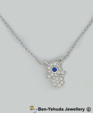 Hamsa with Crystals and Blue Stone Sterling Silver Pendant