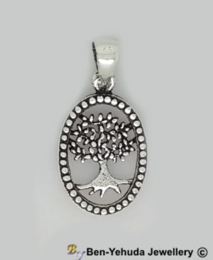 Tree of Life in Circle Pattterned Oval Sterling Silver Pendant