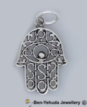 Ornate Hamsa with Eye Sterling Silver Pendant Style B7086