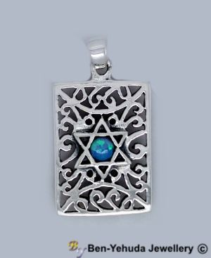 Star of David on Hollow Ornate Rectangle Sterling Silver Pendant