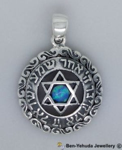 "Hear, O Israel: The L-D Our G-D, The L-D Is One" Prayer and Star of David with Opal  Sterling Silver Pendant