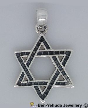 Star of David with Black Stones Sterling Silver Pendant