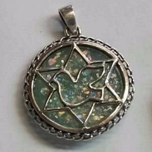 Roman Glass Star of David with Dove Sterling Silver Pendant