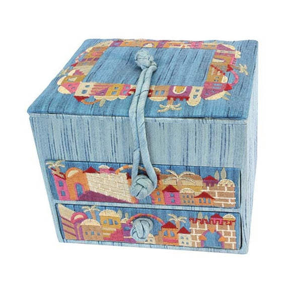 Embroidered Jewelry Box & Two Drawers - Jerusalem Blue