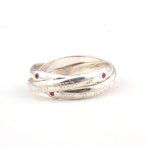 3 piece Waved and Ruby Stone With 3 Blessings "G-d Will Bless You" "I Am for my Beloved" "Hear O Israel"   Gold & Silver Ring