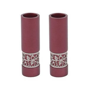 Round Candlesticks & Metal Cutout Pomegranates - Maroon