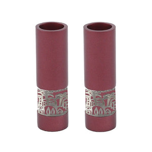 Round Candlesticks & Metal Cutout Jerusalem - Maroon