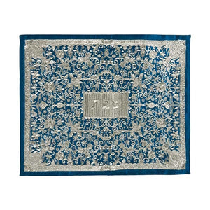 Challah Cover - Full Embroidery - Silver On Blue