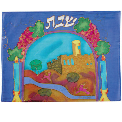 Challah Cover - Hand Painted Silk - Panorama - Blue