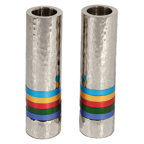 Cylinder Candlesticks - Hammer Work & Rings - Multicolored