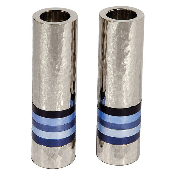 Cylinder Candlesticks - Hammer Work & Rings - Blue
