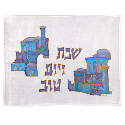 Challah Cover - Hand Painted Silk - Houses - Blue
