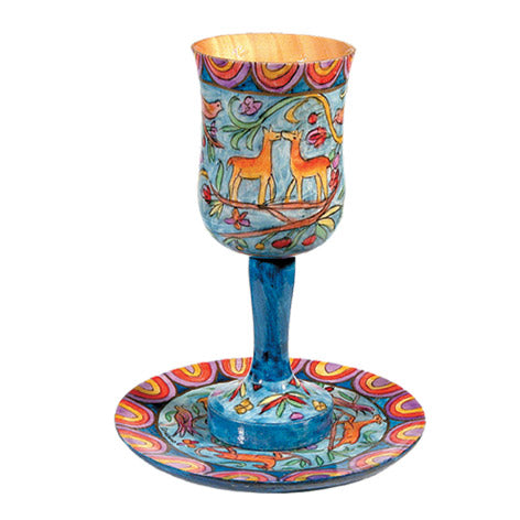 Large Kiddush Cup & Plate - Hand Painted On Wood - Deer