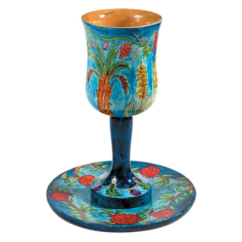 Large Kiddush Cup & Plate - Hand Painted Wood - Seven Species