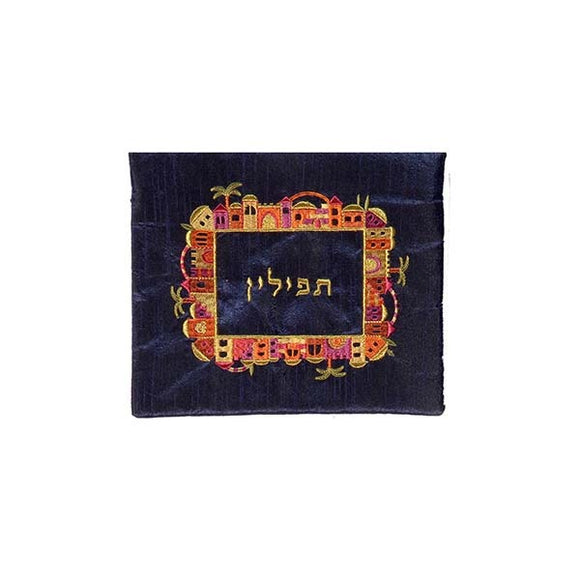 Tefillin Bag - Embroidery - Jerusalem - Multicolored On Blue