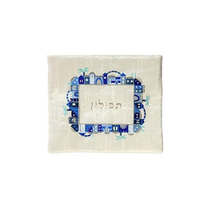 Tefillin Bag - Embroidery - Jerusalem - Blue On White