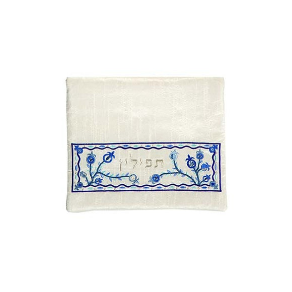 Tefillin Bag - Machine Embroidery - Pomegranates - White
