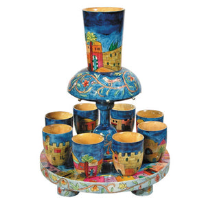 Kiddush Fountain & 8 Cups - Hand Painted Wood - Jerusalem