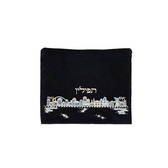 Tefillin Bag - Velvet Embroidered Tefillin Bag - Jerusalem Blue