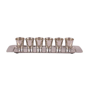 Set Of 6 Small Cups & Tray - Nickel - Hammer Work