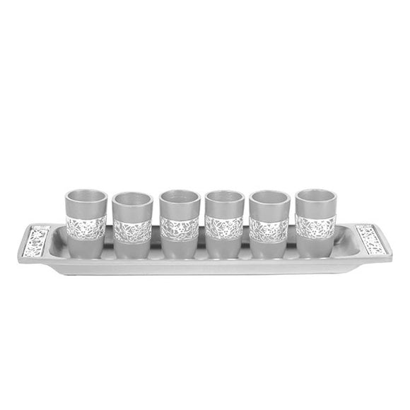 Set Of 6 Small Cups & Tray - Silver Lace - Aluminium