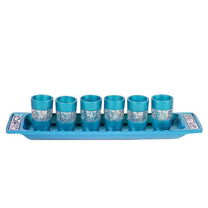 Set Of 6 Small Cups & Tray - Silver Lace - Turquoise