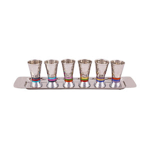 6 Small Cups & Tray - Hammer Work - Rings - Multicolored