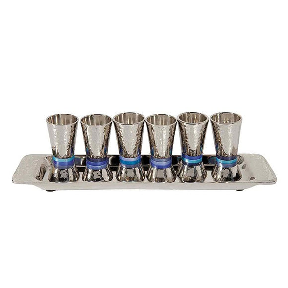 Set Of 6 Small Cups & Tray - Hammer Work - Rings - Blue