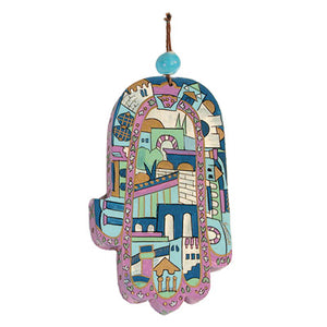 Large Wooden Hand Painted Hamsa - Blue Jerusalem