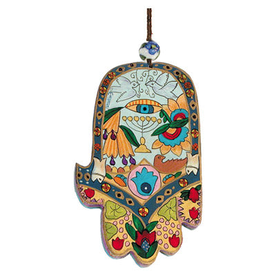 Large Wooden Hand Painted Hamsa - Menorah