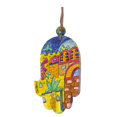 Small Wooden Hand Painted Hamsa - Jerusalem