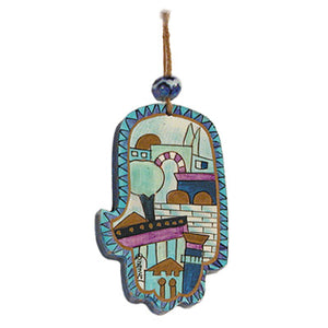 Small Wooden Hand Painted Hamsa - Blue Jerusalem