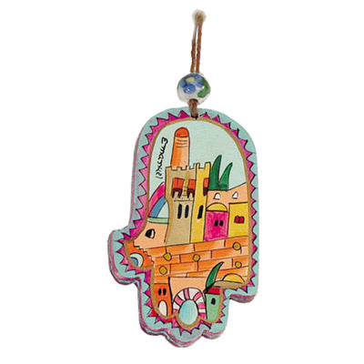 Small Wooden Hand Painted Hamsa - Jerusalem Modern