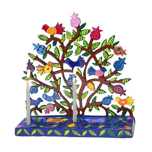 Hanukkah Menorah - Hand Painted Laser Cut - Pomegranates & Birds