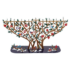 Hanukkah Menorah T - Lights - Laser Cut & Hand Painted - Pomegranate Tree