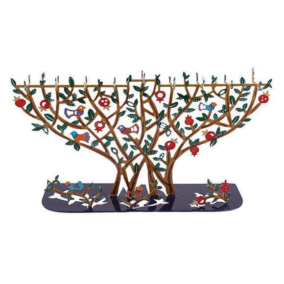 Hanukkah Menorah T - Lights - Laser Cut & Hand Painted - Pomegranate Tree