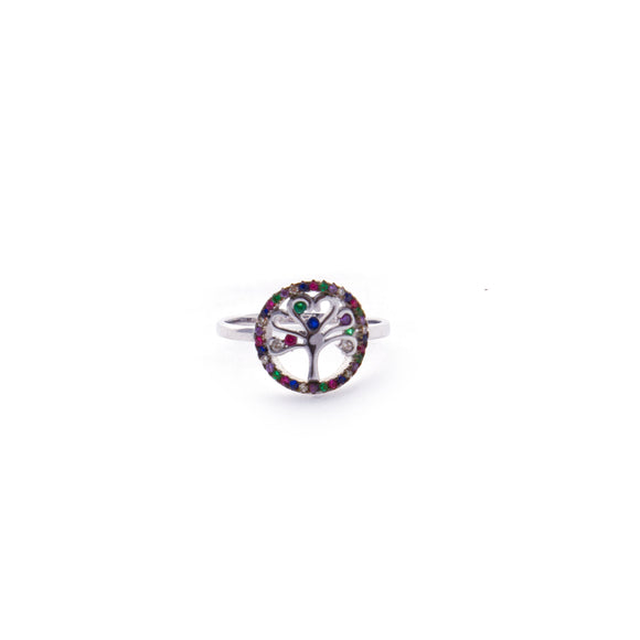 Tree of Life Colorful Stones - Sterling Silver Cutout Ring