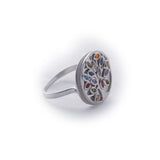 Tree of Life Colorful Swarovsky Stones on Round White Opal Sterling Silver Ring