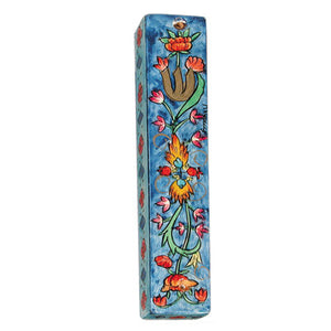 Large Wooden Mezuzah - 12 cm - Flowers Blue