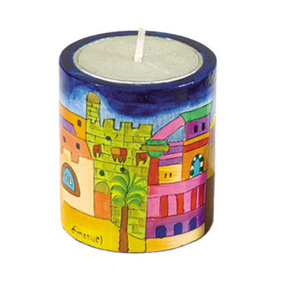 Memorial Candle Holder & Candle - Hand Painted Wood - Jerusalem