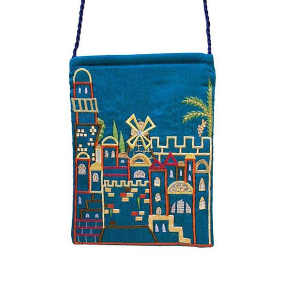 Embroidered Passport Bag - Jerusalem - Blue