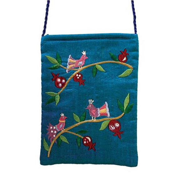 Embroidered Passport Bag - Birds - Blue