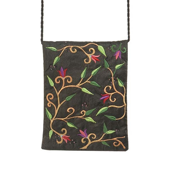 Embroidered Passport Bag - Flowers - Black