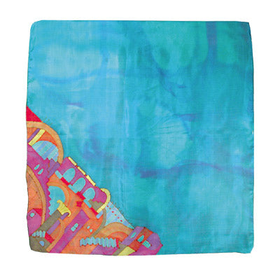 Silk Scarf - Hand Painted - Square - Jerusalem - Turquoise