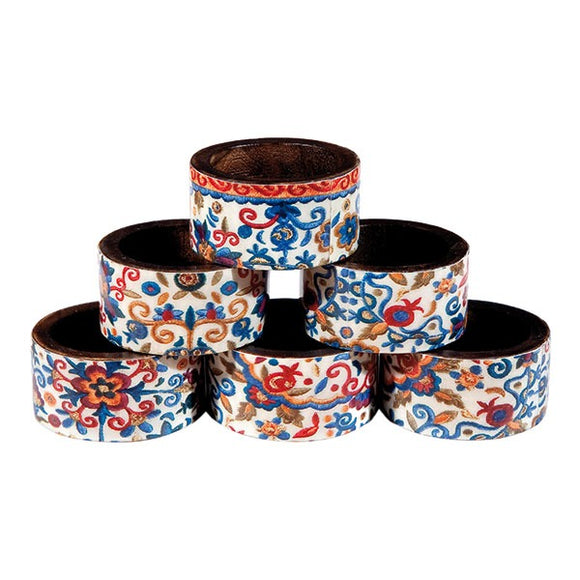 Printed Wooden Napkin Rings - Set Of 6 - Multicolored Pomegranates