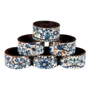 Printed Wooden Napkin Rings - Set Of 6 - Blue Pomegranates