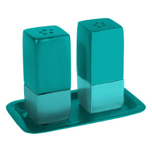 Salt & Pepper Shakers & Tray - Metal - Turquoise